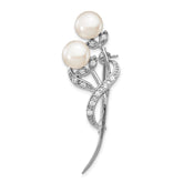 Sterling Silver Rhodium-plated 7-8mm White Button Freshwater Cultured Pearl and CZ Brooch