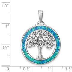 Sterling Silver Rhodium-plated Created Opal Circle w/Tree Pendant - 2