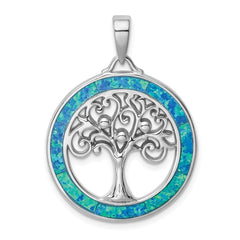 Sterling Silver Rhodium-plated Created Opal Circle w/Tree Pendant - 2