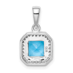 Sterling Silver Rhodium Plated Clear CZ and Square Blue CZ Pendant
