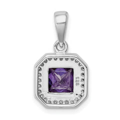 Sterling Silver Rhodium Plated Clear CZ and Square Purple CZ Pendant