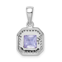 Sterling Silver Rhodium Plated Clear CZ and Square Light Purple CZ Pendant