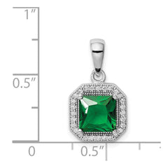 Sterling Silver Rhodium Plated Clear CZ and Square Green CZ Pendant