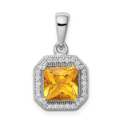 Sterling Silver Rhodium Plated Clear CZ and Square Yellow CZ Pendant