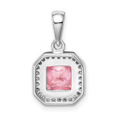 Sterling Silver Rhodium Plated Clear CZ and Square Pink CZ Pendant
