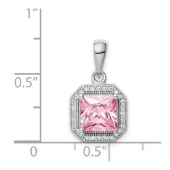 Sterling Silver Rhodium Plated Clear CZ and Square Pink CZ Pendant