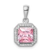 Sterling Silver Rhodium Plated Clear CZ and Square Pink CZ Pendant