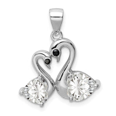 Sterling Silver Rhodium-plated Polished CZ Swan Couple Pendant