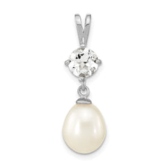 Sterling Silver Rhodium-plated8-10mm White Teardrop Freshwater Cultured Pearl and 1.95WT White Topaz Pendant