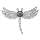 Sterling Silver Rhodium-plated 8-9mm Black Button Freshwater Cultured Pearl and CZ Dragonfly Brooch