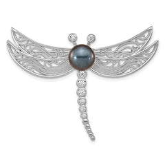 Sterling Silver Rhodium-plated 8-9mm Black Button Freshwater Cultured Pearl and CZ Dragonfly Brooch