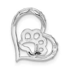 Sterling Silver Bk/Wht CZ Rhod-plated Paw Print Heart Chain Slide