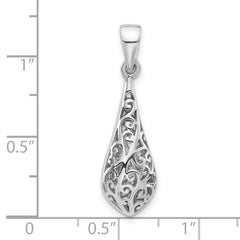 Sterling Silver Rhodium-Plated Polished Puffed Filigree Teardrop Pendant