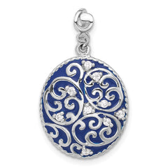 Sterling Silver Rhodium-plated Polished Swirl Blue Enamel CZ Oval Pendant