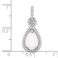 Sterling Silver Rhodium-plated Created Opal and CZ Teardrop Pendant