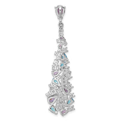 Sterling Silver Rh-plated Polished White/Blue/Purple CZ Teardrop Pendant