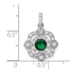 Sterling Silver RH-pltd Green Glass & Clear CZ Fancy Vintage Pendant
