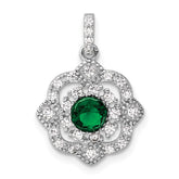 Sterling Silver RH-pltd Green Glass & Clear CZ Fancy Vintage Pendant