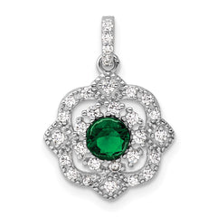 Sterling Silver RH-pltd Green Glass & Clear CZ Fancy Vintage Pendant