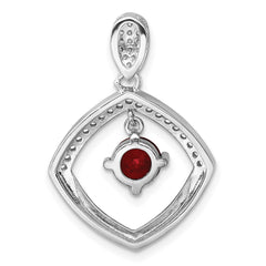 Sterling Silver RH-plated Red Glass & Clear CZ Fancy Square Pendant