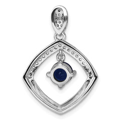 Sterling Silver RH-pltd Blue Glass and Clear CZ Fancy Square Pendant