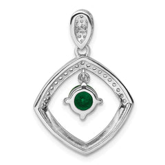 Sterling Silver RH-pltd Green Glass and Clear CZ Fancy Square Pendant