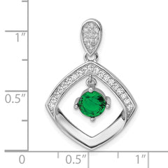 Sterling Silver RH-pltd Green Glass and Clear CZ Fancy Square Pendant