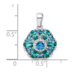 Sterling Silver Rhodium-plated Blue/Green Nano Crystal & CZ Floral Pendant