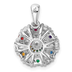 Sterling Silver Rhodium-pltd Rainbow Nano Crystal &Clear CZ Floral Pendant