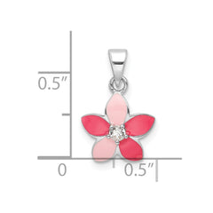 Sterling Silver Rhod-plated Pink Enamel & CZ Flower Children's Pendant