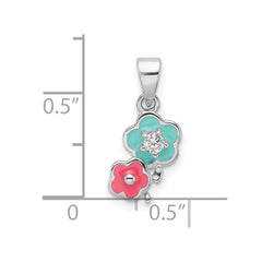 Sterling Silver RH-plated Blue/Pink Enamel & CZ Floral Children's Pendant