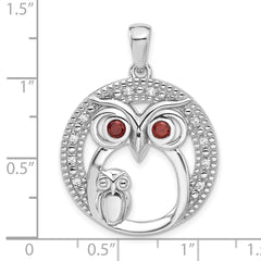 Sterling Silver Rhodium-plated Garnet and CZ Owls Pendant