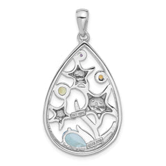 Sterling Silver Rhodium-plated Polished Rainbow Multi-Gemstone Starfish Pendant