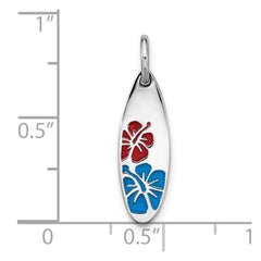Sterling Silver Rhodium-plated Polished Enamel Flower Surfboard Pendant