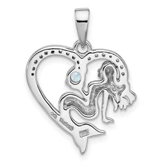 Sterling Silver Rhodium-plated Polished and Antiqued Blue CZ Mermaid Heart Pendant