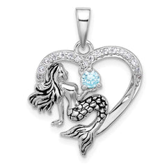 Sterling Silver Rhodium-plated Polished and Antiqued Blue CZ Mermaid Heart Pendant