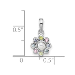 Sterling Silver Rhodium-plated Polished Green, Pink, Blue and Purple CZ and Freshwater Cultured Pearl Flower Pendant