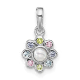 Sterling Silver Rhodium-plated Polished Green, Pink, Blue and Purple CZ and Freshwater Cultured Pearl Flower Pendant