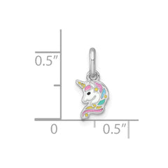 Sterling Silver Rhodium-plated Polished White and Rainbow Enamel Unicorn Head Childrens Pendant