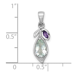 Sterling Silver Rhodium-plated Polished Amethyst and Green Quartz Leaf Pendant