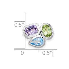 Sterling Silver Rhodium-plated Polished Pear Blue Topaz, Oval Peridot and Emerald-cut Amethyst Chain Slide Pendant