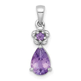 Sterling Silver Rhodium-plated Polished Amethyst Teardrop and Flower Pendant