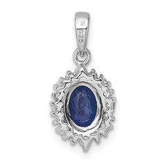 Sterling Silver Rhodium-plated Polished Lab Created Sapphire and CZ Oval Halo Pendant