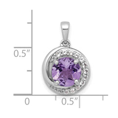 Sterling Silver Rhodium-plated Polished Checker-cut Round Amethyst and White Topaz Circle Pendant
