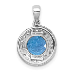 Sterling Silver Rhodium-plated Polished Checker-cut Round Light Swiss Blue Topaz and White Topaz Circle Pendant
