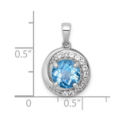 Sterling Silver Rhodium-plated Polished Checker-cut Round Light Swiss Blue Topaz and White Topaz Circle Pendant