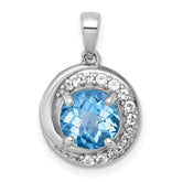 Sterling Silver Rhodium-plated Polished Checker-cut Round Light Swiss Blue Topaz and White Topaz Circle Pendant