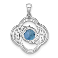 Sterling Silver Rhodium-plated Polished Checker-cut Round Light Swiss Blue Topaz and White Topaz Pendant