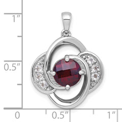 Sterling Silver Rhodium-plated Polished Checker-cut Round Garnet and White Topaz Pendant