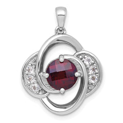 Sterling Silver Rhodium-plated Polished Checker-cut Round Garnet and White Topaz Pendant
